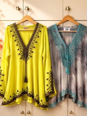 2 Kaftans with handmade embroidery by Dar mode and MAJORELLE