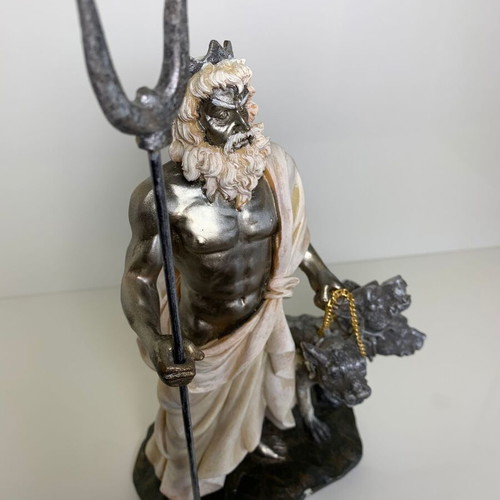 Hades figurine with Cerberus used, synthetic porcelain
