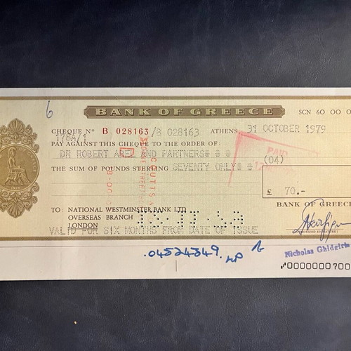 Bank of Greece cheque London 1979 like new