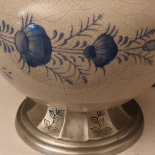Vintage vase made of fine crackle porcelain and pewter like new