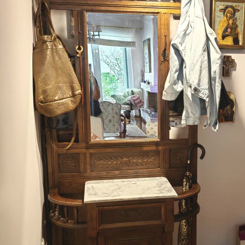 Antique solid walnut entryway furniture with carving, mirror and marble