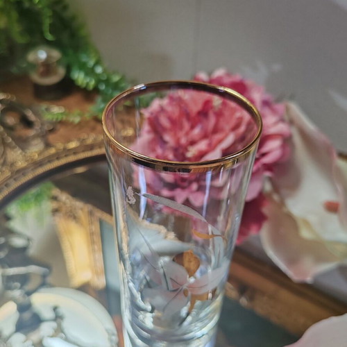Vintage highball glass with gold rim and orchid decoration, 200 ml