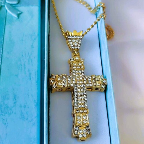 Impressive iced out style cross with zircon and two gold chains new