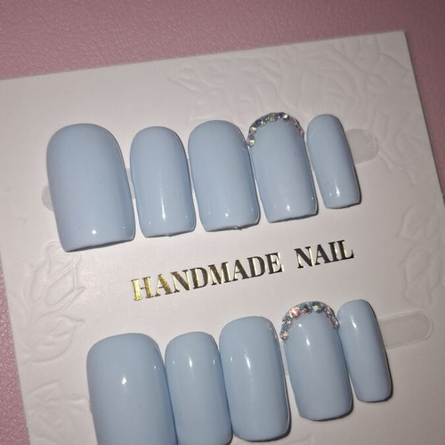 Handmade reusable blue press-on nails with rhinestones, set of 10