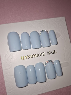 Handmade reusable blue press-on nails with rhinestones, set of 10