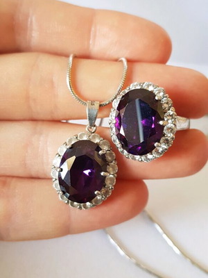 Amethyst silver 925 necklace and ring set used