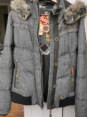 Vintage Khujo women's jacket like new with detachable hood, herringbone pattern