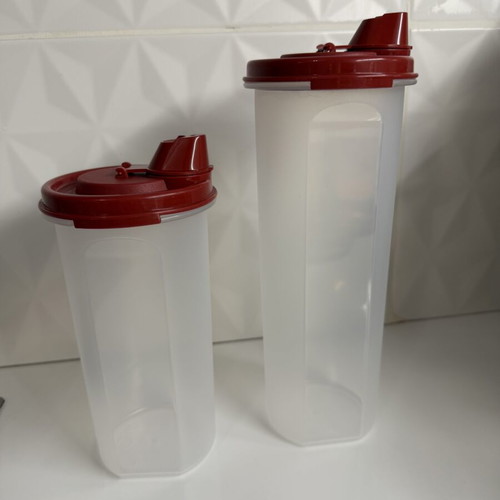 Tupperware set with 650ml and 890ml oil pourers and 6 forks new
