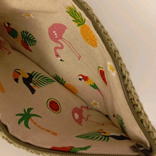 Woven straw clutch bag new, khaki with yellow details
