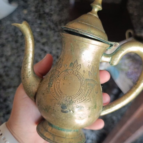 Brass tea set used, antique vintage decorative with embossed designs