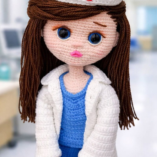 Knitted doctor doll new with medical accessories