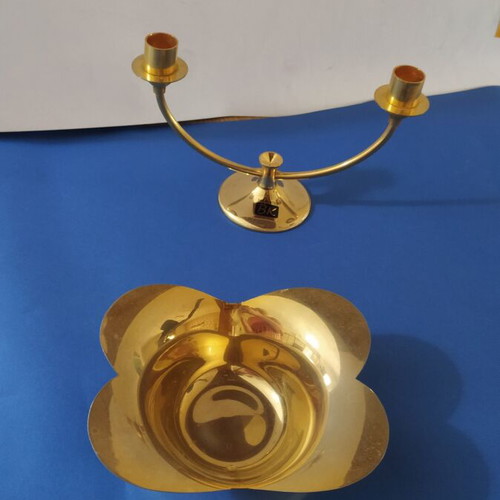 Vintage gold color double candle holder and decorative bowl set