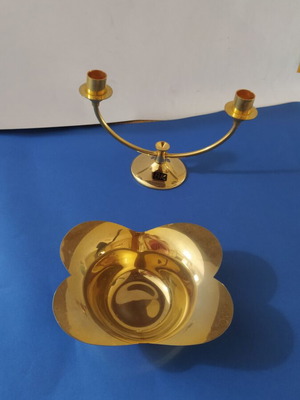 Vintage gold color double candle holder and decorative bowl set