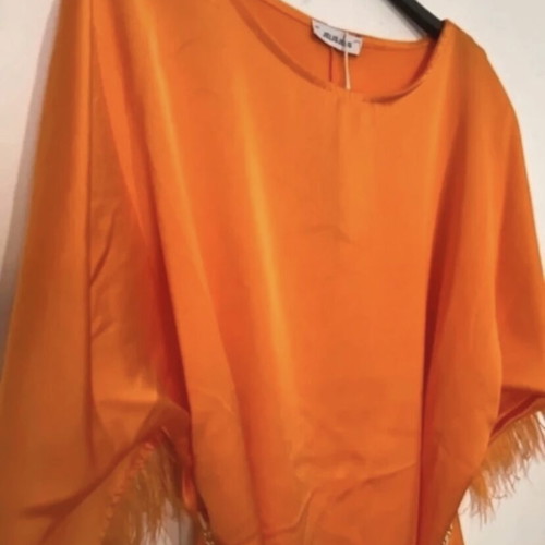 Orange satin short dress new with feathers and chain belt