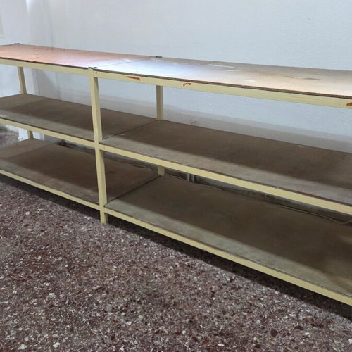 Workbenches used, set of 2 with solid iron frame and shelves