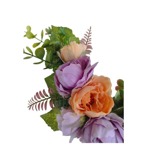Wreath 30 cm with orange and purple peonies, purple polka dot bows and yellow bee