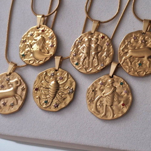 Zodiac stainless steel necklace gold color made to order with colorful zircons