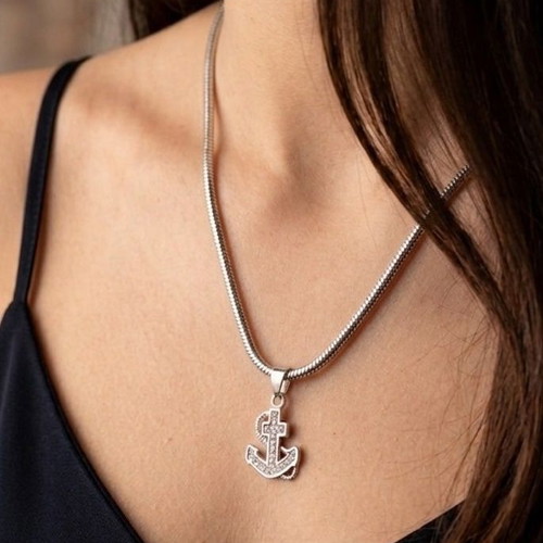 925 Silver Pendant with Zircon Stones "Anchor - Cross" with Chain