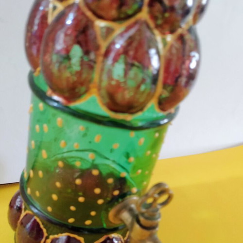 Glass bottle with colored tap like new, hand decorated