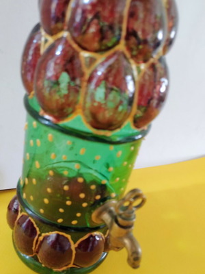 Glass bottle with colored tap like new, hand decorated