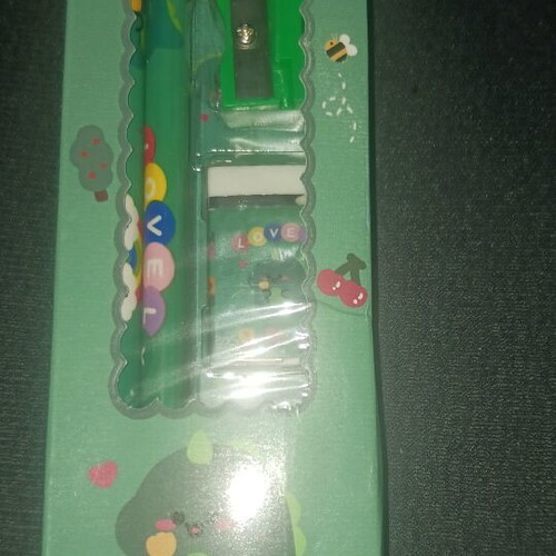 Stationery set green color with pencil, eraser, sharpener, ruler new