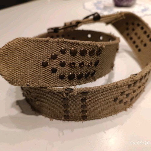 Beige fabric belt with studs and rhinestones, Y2K Boho Grunge style
