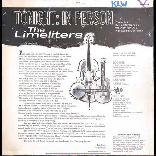 The Limeliters Tonight In Person LP used, folk