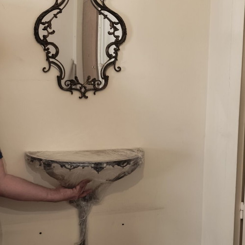 Bronze Entry Console with Mirror and Green Marble Shelf like new