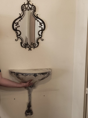 Bronze Entry Console with Mirror and Green Marble Shelf like new