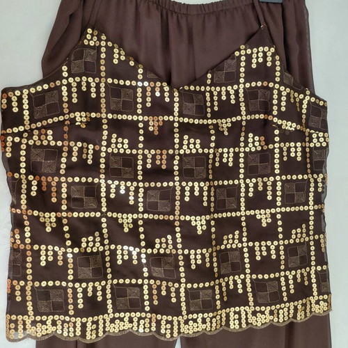 Forel Muslin Set with Pants and Top with Gold Sequins New, Brown and Gold