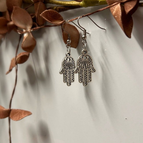 Hamsa earrings silver, new, handmade with stainless steel hooks