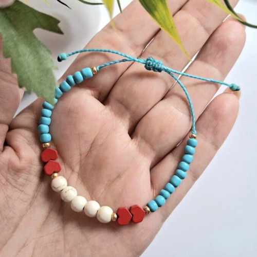 Handmade bracelet with hearts new, red and turquoise
