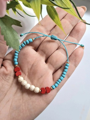 Handmade bracelet with hearts new, red and turquoise