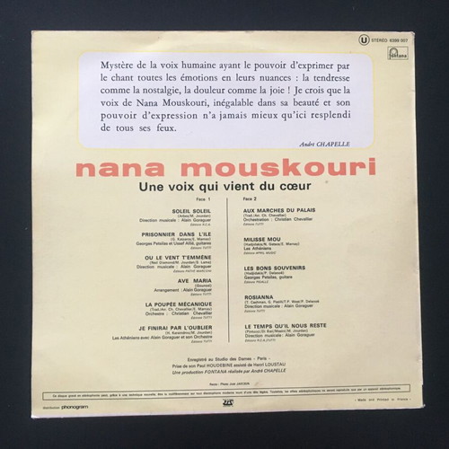 Nana Mouskouri Une Voix LP used, folk, French edition