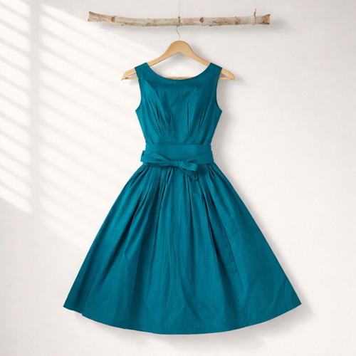 Retro style elegant midi dress 100% cotton like new, size S, blue and green