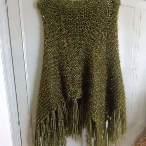 Hand-knitted wool poncho medium with silver threads