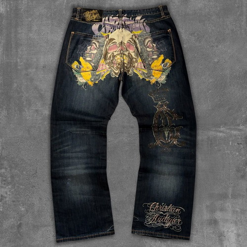 Christian Audigier Day of the Dead baggy jeans XL like new, black