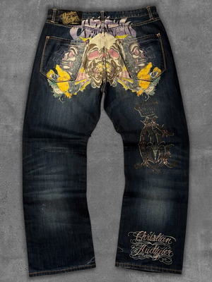 Christian Audigier Day of the Dead baggy jeans XL like new, black