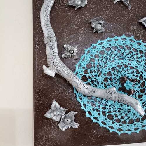 Handmade canvas frame with turquoise crochet and silver lotus stems, new