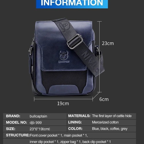 Bullcaptain men's shoulder bag genuine leather and oxford fabric
