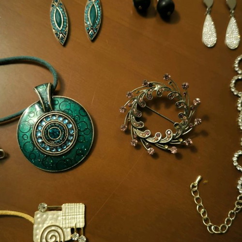 Jewelry set used with earrings, bracelets, pendants, brooch, and watches