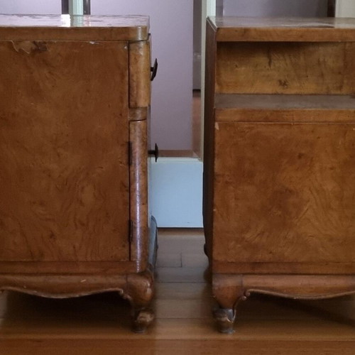Vintage Art Deco nightstands used, walnut veneer, set of two