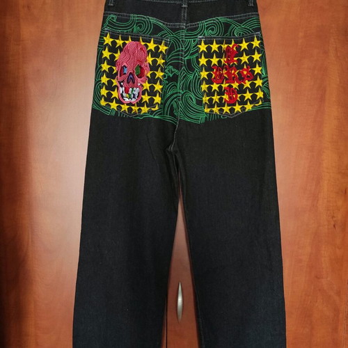 Baggy Jeans Y2K Streetwear with Skull & Stars Embroidery, new, black