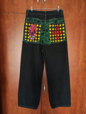 Baggy Jeans Y2K Streetwear with Skull & Stars Embroidery, new, black