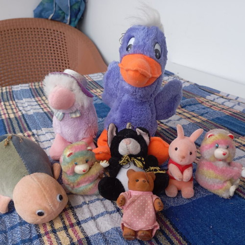Set of eight retro plush toys, classic fuzzy figures from the 80s