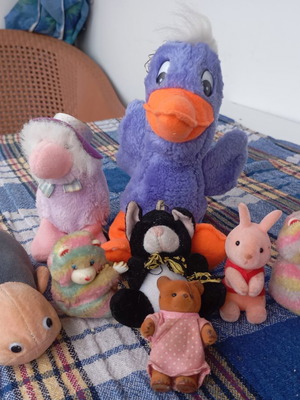 Set of eight retro plush toys, classic fuzzy figures from the 80s