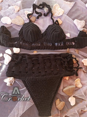 Handmade high-waisted crochet swimsuit black small new