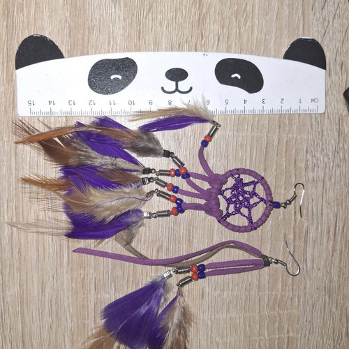 Handmade earrings with feathers and beads, new, purple and brown