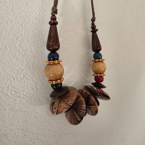 Boho statement necklace new, wooden beads in earthy tones