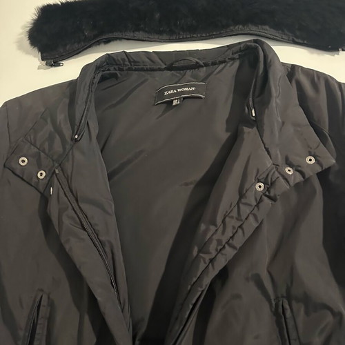 Zara Long Black Coat With Detachable Fur Collar Like New Size L